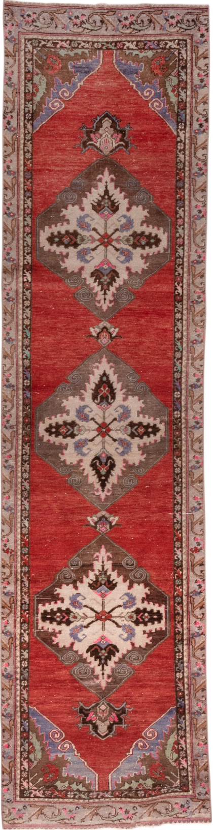 2' x 10' one-of-a-kind handmade vintage Oushak runner rug. Color palette: brown, gray, indian red, pink, red, redwood