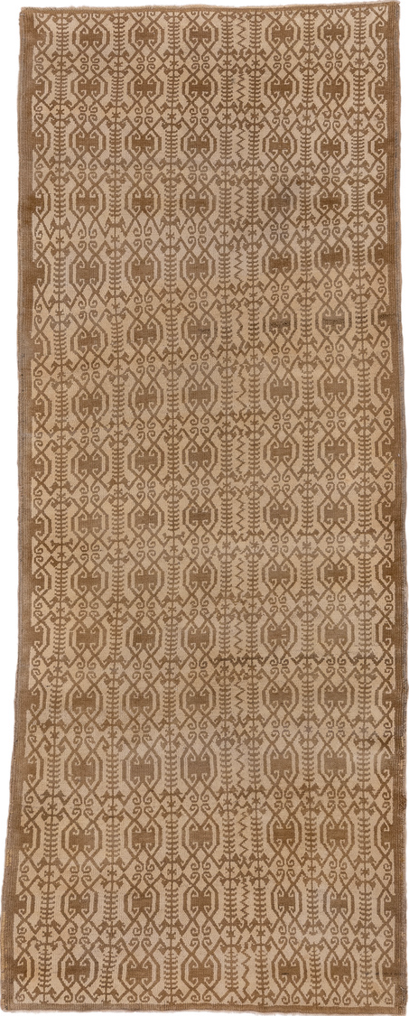 3' x 9' one-of-a-kind handmade vintage Oushak runner rug. Color palette: brown, orange, off-white, tan, white, snow