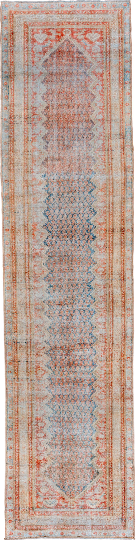 3' x 13' one-of-a-kind handmade vintage Mahal runner rug. Color palette: gray, pink, light gray, off-white, brown, silver