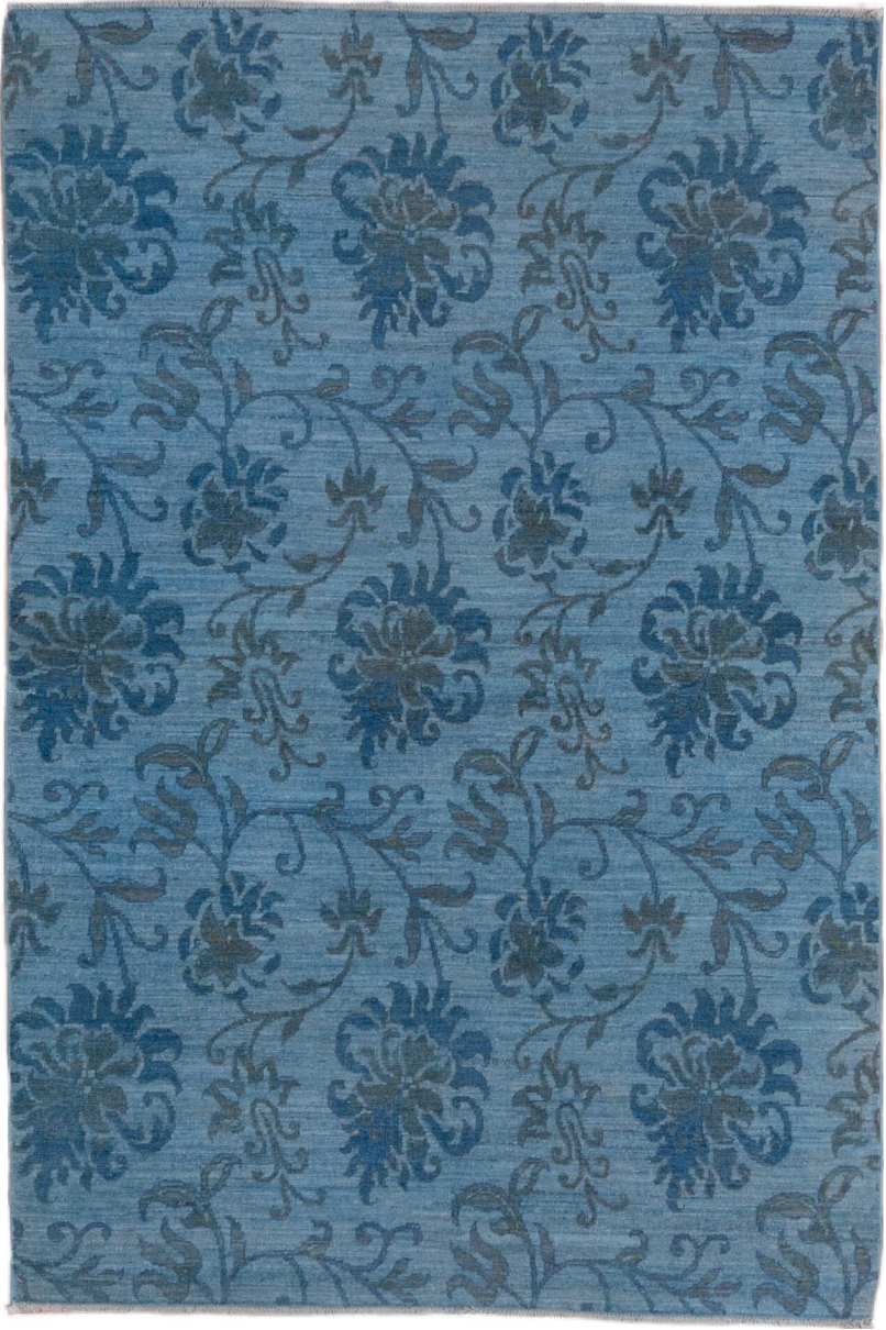 4' x 5' one-of-a-kind handmade vintage Overdyed small size rug. Color palette: arapawa, blue, fiord, gray, light gray