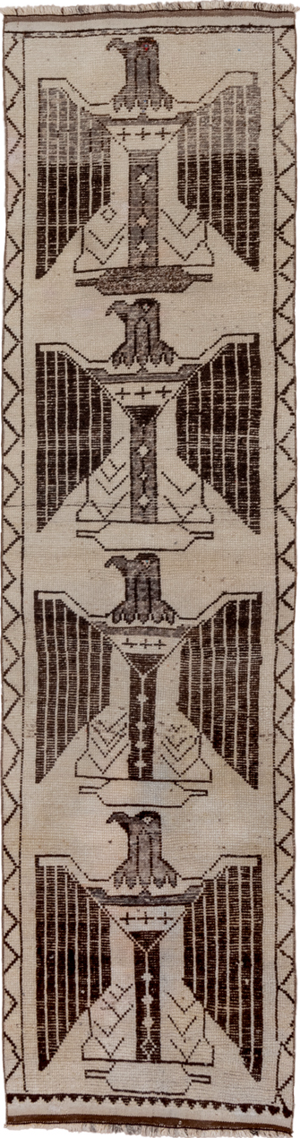 3' x 11' one-of-a-kind handmade vintage Kars runner rug. Color palette: gray, brown, light gray, off-white, black, white