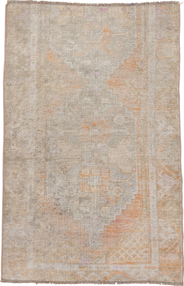 2' x 4' one-of-a-kind handmade vintage Oushak small size rug. Color palette: gray, light gray, off-white, brown, pink