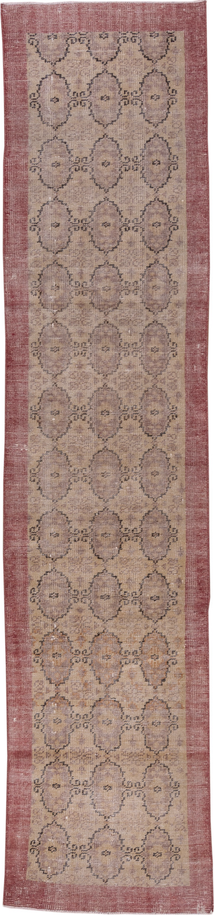 2' x 10' one-of-a-kind handmade vintage Oushak runner rug. Color palette: brown, gray, light gray, off-white, pink, red