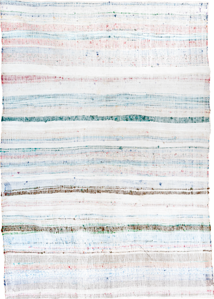 8' x 10' one-of-a-kind handmade vintage Rag Rug large size rug. Color palette: gray, light gray, off-white, pink, blue