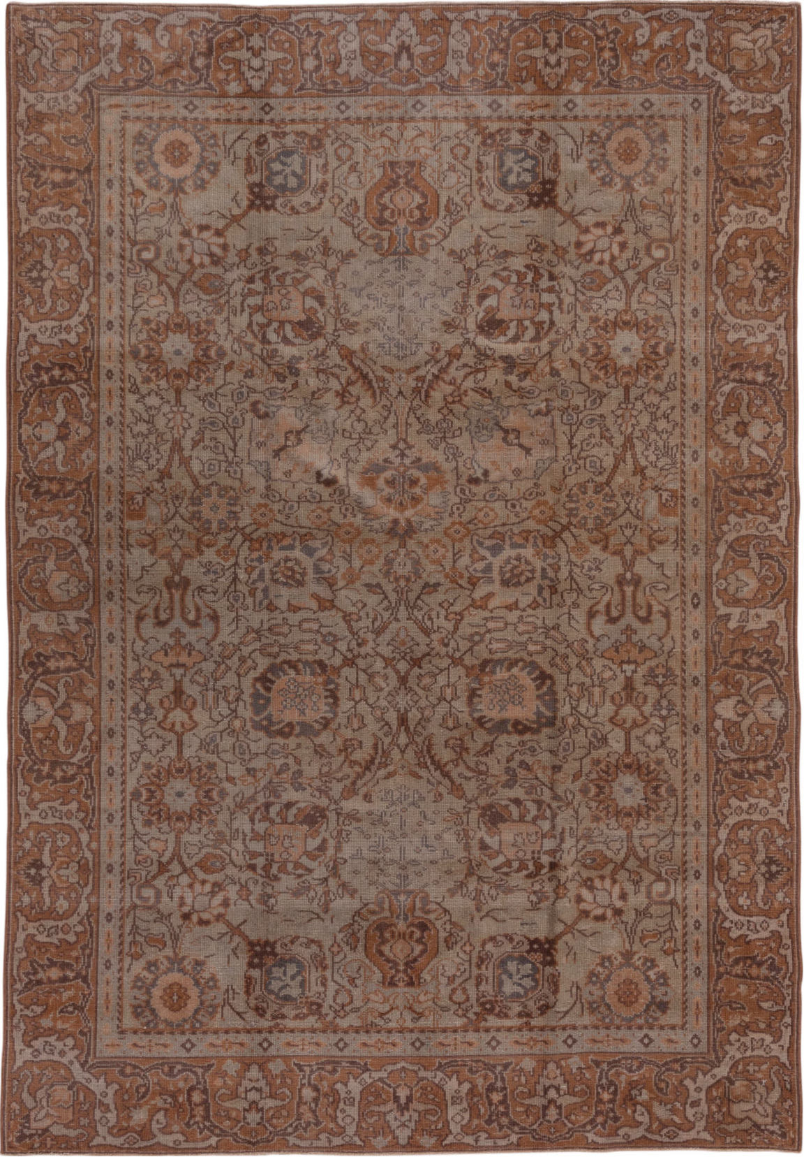 6' x 9' one-of-a-kind handmade vintage Sivas medium size rug. Color palette: brown, gray, pink, redwood