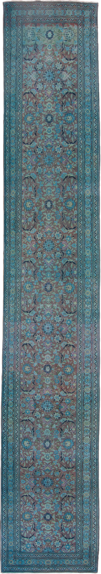 3' x 19' one-of-a-kind handmade vintage Sivas runner rug. Color palette: black, blue, dim gray, gray, off-white, snow, white
