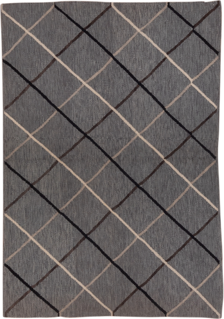 3' x 5' one-of-a-kind handmade vintage Kilim small size rug. Color palette: black, dark gray, dim gray, gray, light gray