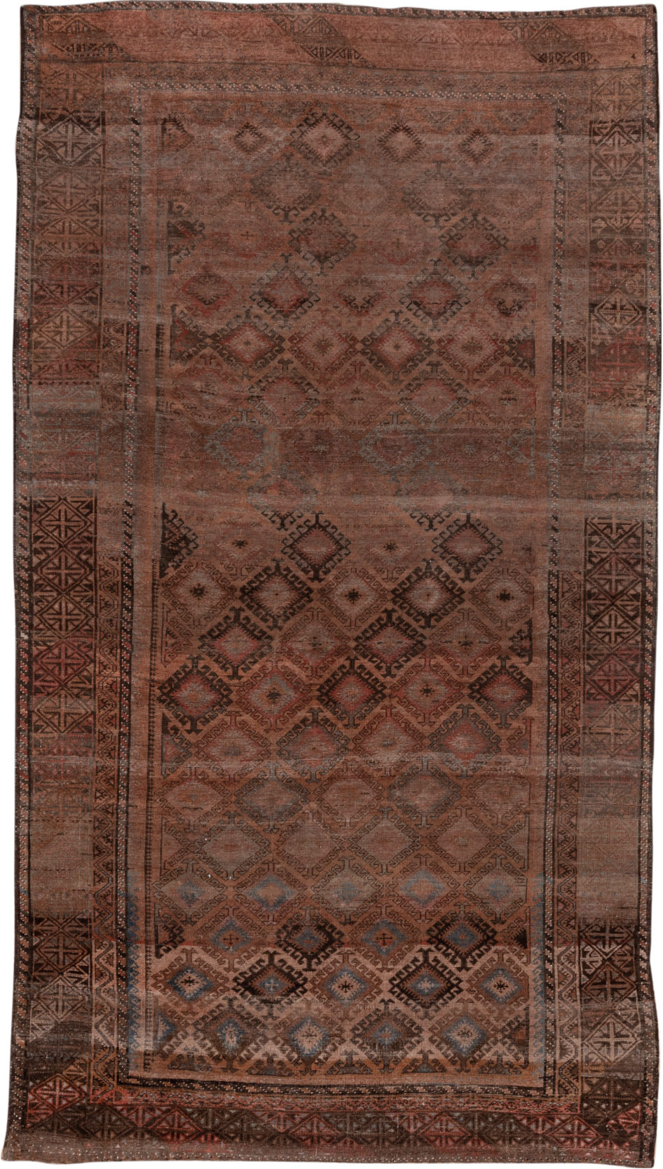 6' x 12' one-of-a-kind handmade vintage Belouch large size rug. Color palette: brown, gray, pink