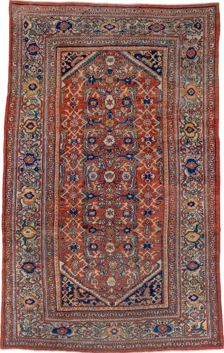6' x 10' one-of-a-kind handmade vintage Mahal large size rug. Color palette: gray, light gray, brown, pink, blue, dark gray