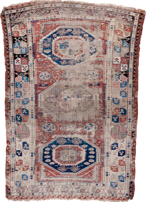 3' x 6' one-of-a-kind handmade vintage Sumak small size rug. Color palette: brown, gray, blue, pink, light gray, off-white