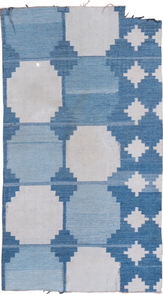 3' x 6' one-of-a-kind handmade vintage Dhurrie small size rug. Color palette: gray, blue, light blue, light gray, off-white