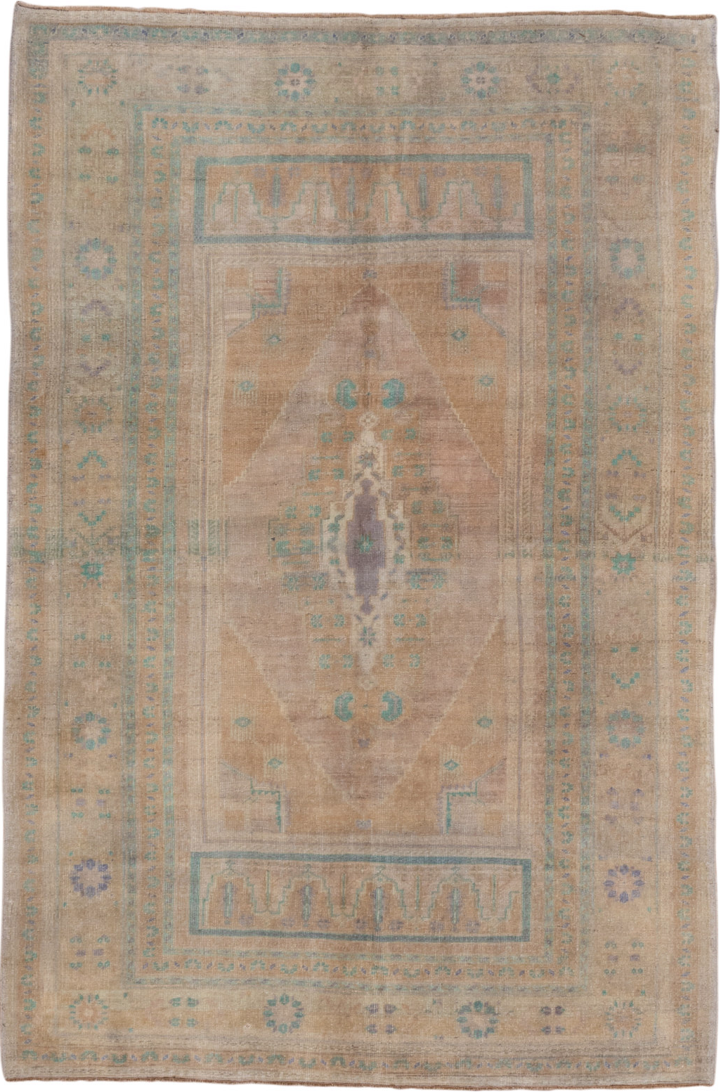 5' x 8' one-of-a-kind handmade vintage Oushak medium size rug. Color palette: brown, gray, light gray, off-white, snow