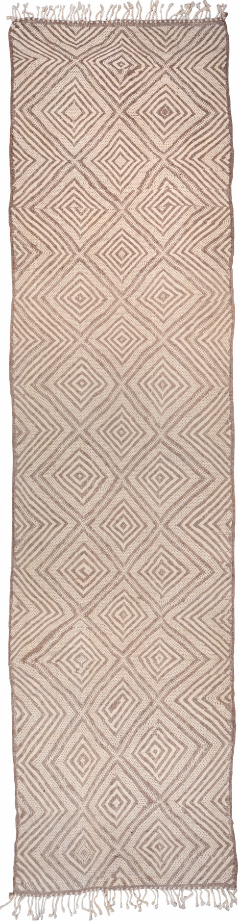 3' x 13' one-of-a-kind handmade vintage Kilim runner rug. Color palette: brown, gray, light gray, off-white, orange, pink