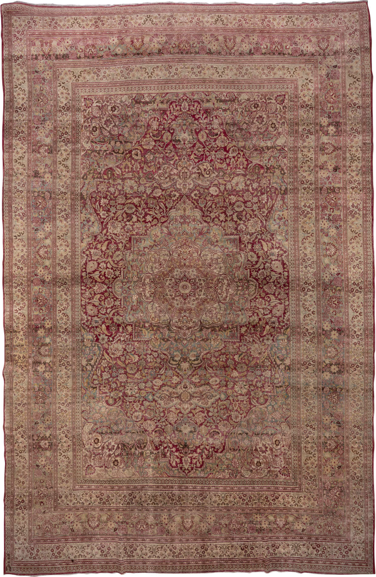 12' x 19' one-of-a-kind handmade vintage Khorassan oversize rug. Color palette: brown, gray, pink, red, redwood, wine