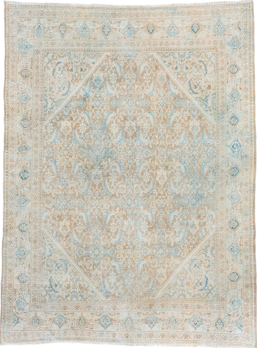 8' x 10' one-of-a-kind handmade vintage Mahal large size rug. Color palette: off-white, gray, brown, light gray, light blue