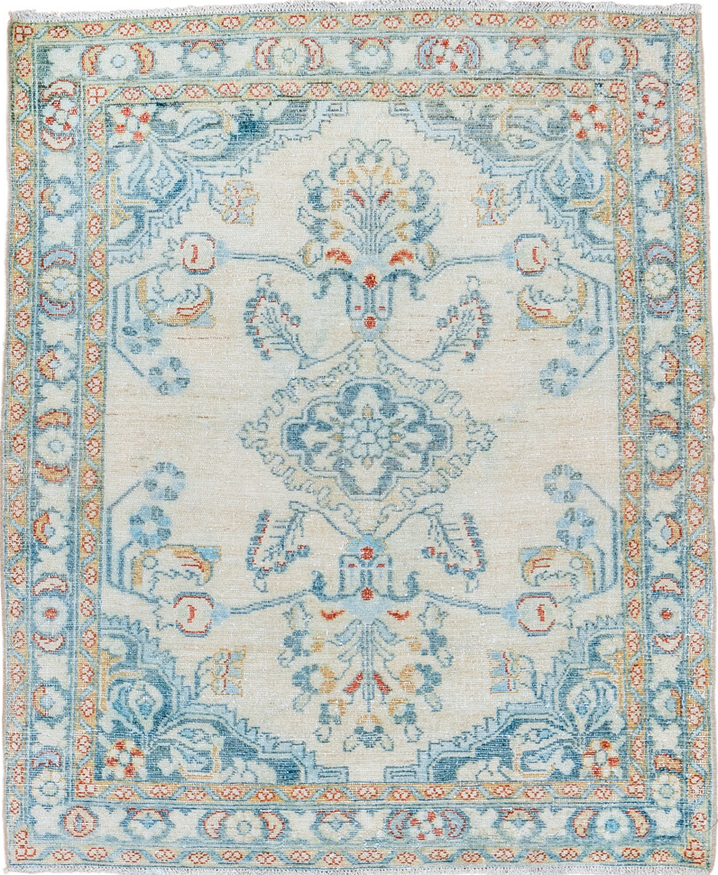 3' x 4' one-of-a-kind handmade vintage Lilian small size rug. Color palette: gray, off-white, light blue, light gray, brown
