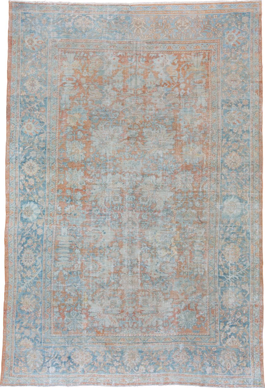 9' x 14' one-of-a-kind handmade vintage Mahal large size rug. Color palette: light gray, gray, off-white, pink, blue