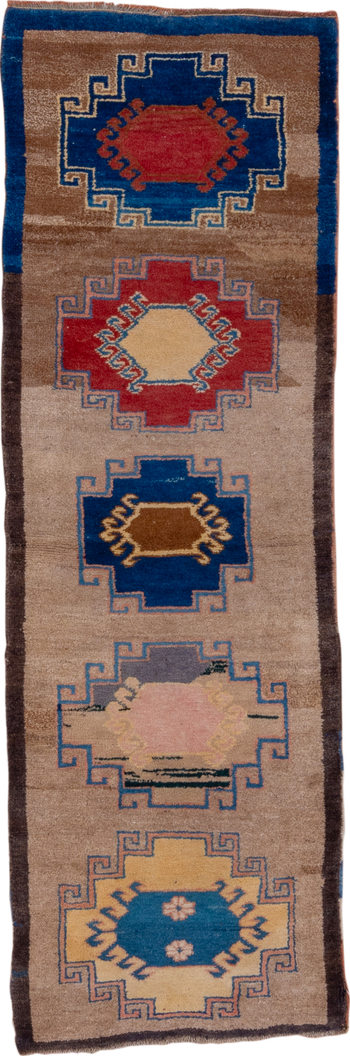 2' x 8' one-of-a-kind handmade vintage Gabbe runner rug. Color palette: gray, blue, red, brown, pink, dim gray, fiord