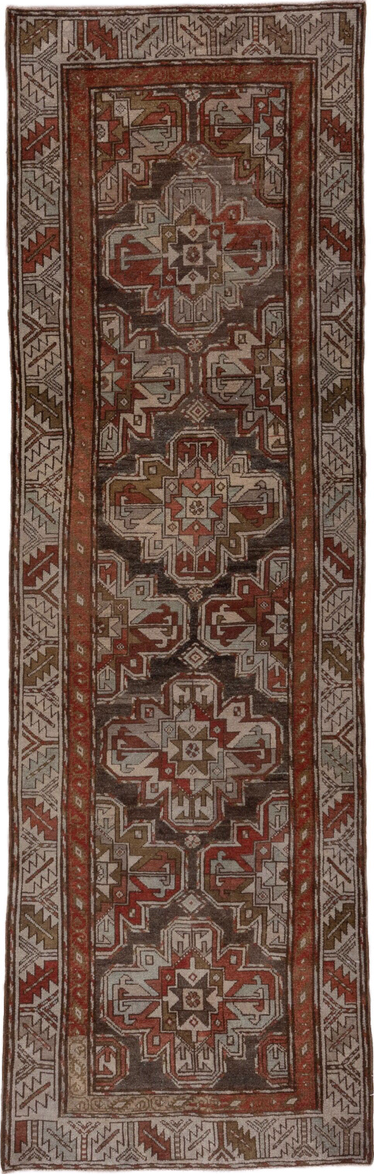 3' x 9' one-of-a-kind handmade vintage Malayer runner rug. Color palette: gray, brown, red, off-white, white, snow