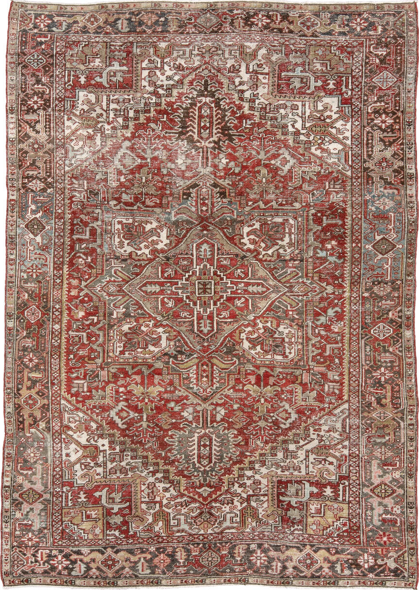 8' x 11' one-of-a-kind handmade vintage Heriz large size rug. Color palette: brown, red, pink, off-white, gray, light gray