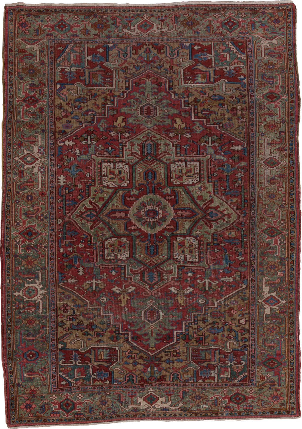 6' x 8' one-of-a-kind handmade vintage Heriz medium size rug. Color palette: blue, brown, gray, pink