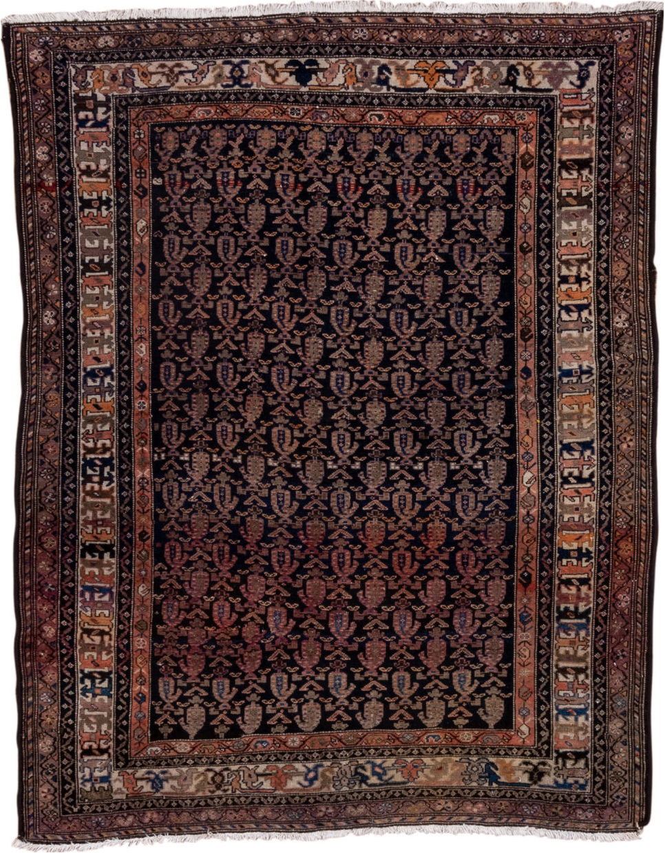 4' x 6' one-of-a-kind handmade vintage Malayer small size rug. Color palette: black, brown, gray, pink, red, redwood, sienna