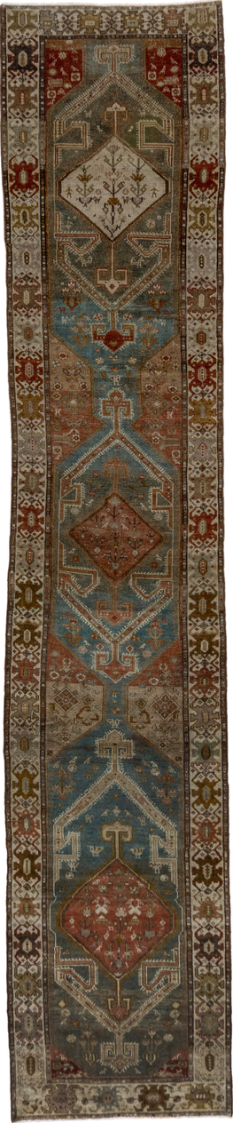 2' x 14' one-of-a-kind handmade vintage Malayer runner rug. Color palette: brown, gray, black, off-white, white, snow