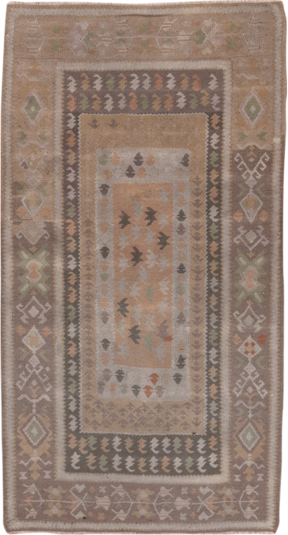 2' x 4' one-of-a-kind handmade vintage Kilim small size rug. Color palette: gray, light gray, off-white, pink, snow, white