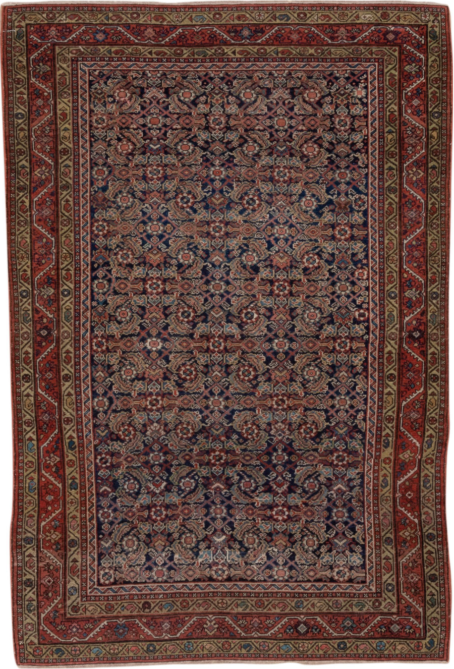 4' x 6' one-of-a-kind handmade vintage Malayer small size rug. Color palette: brown, gray, pink, red, redwood