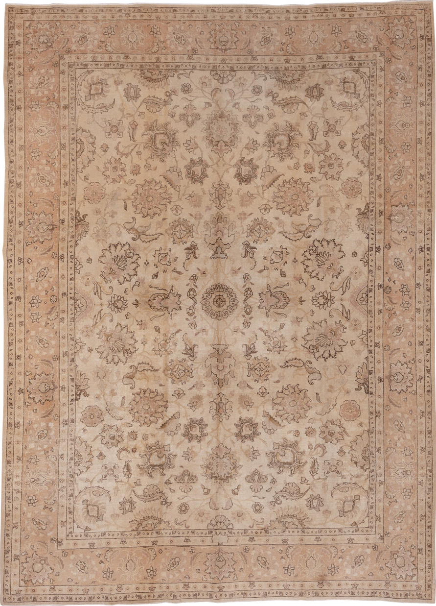 7' x 10' one-of-a-kind handmade vintage Tabriz large size rug. Color palette: brown, gray, pink, orange