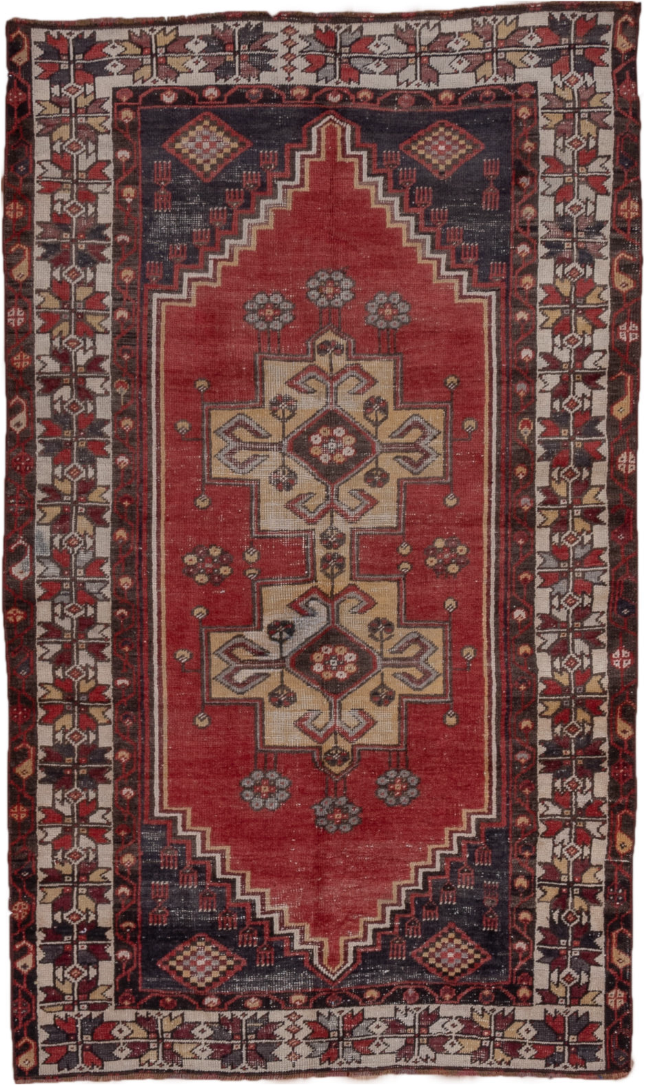 4' x 6' one-of-a-kind handmade vintage Oushak small size rug. Color palette: black, brown, charcoal, gray, pink, red, wine