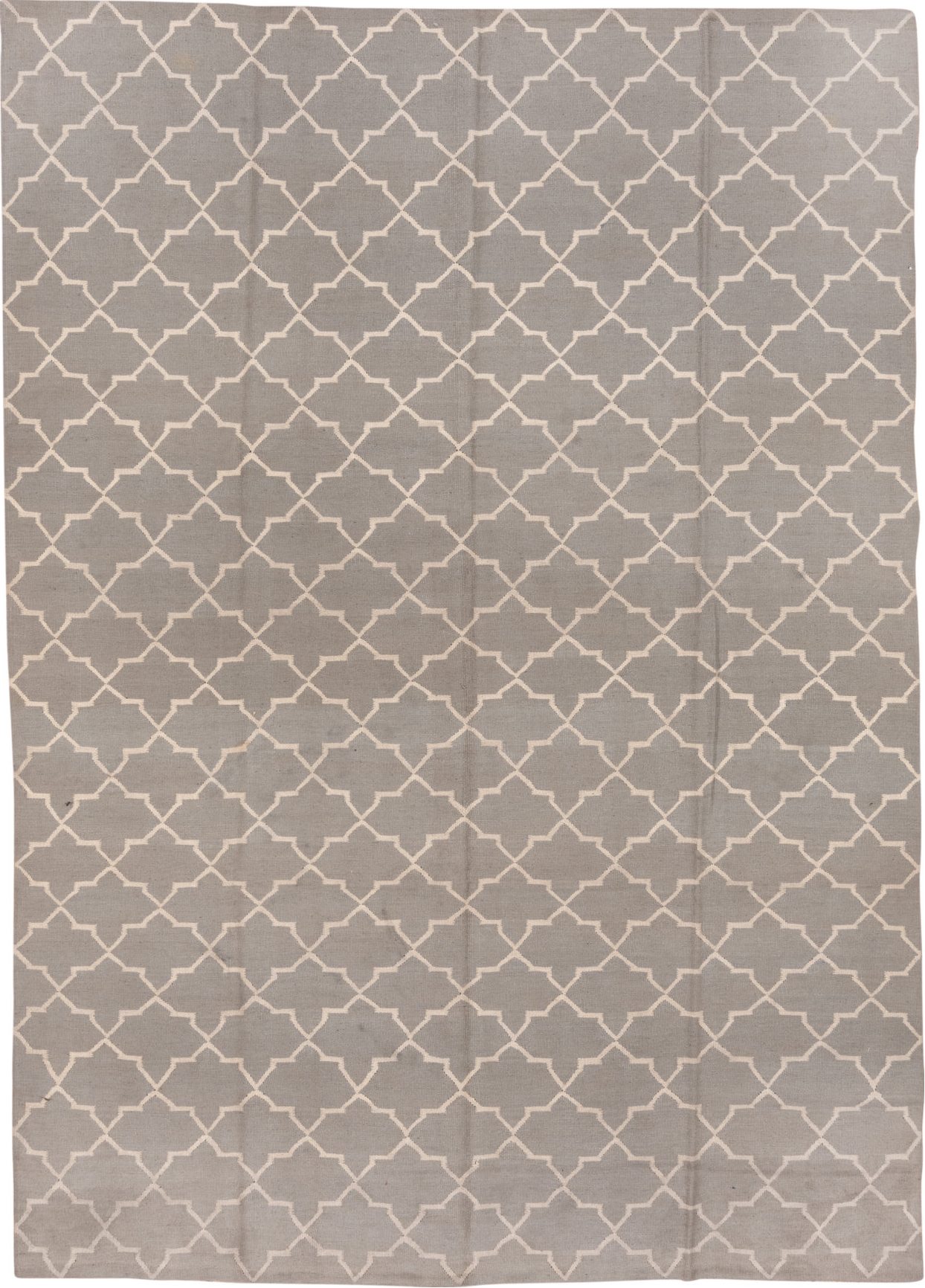 9' x 13' one-of-a-kind handmade vintage Kilim large size rug. Color palette: dark gray, gray, light gray, off-white, pink