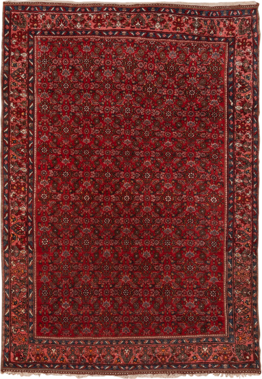 5' x 7' one-of-a-kind handmade vintage Bidjar rug. Color palette: brown, gray, pink, red, redwood, rosy brown