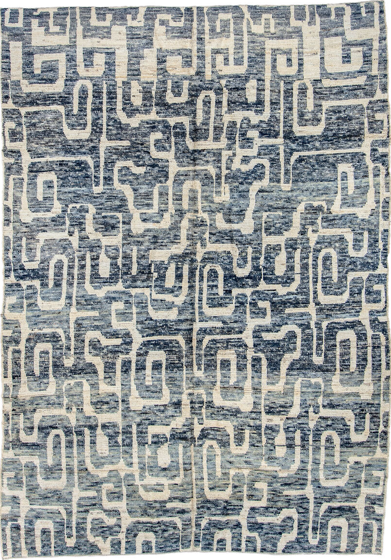 6' x 9' one-of-a-kind handmade vintage Tulu medium size rug. Color palette: arapawa, black, blue, brown, charcoal, dark gray