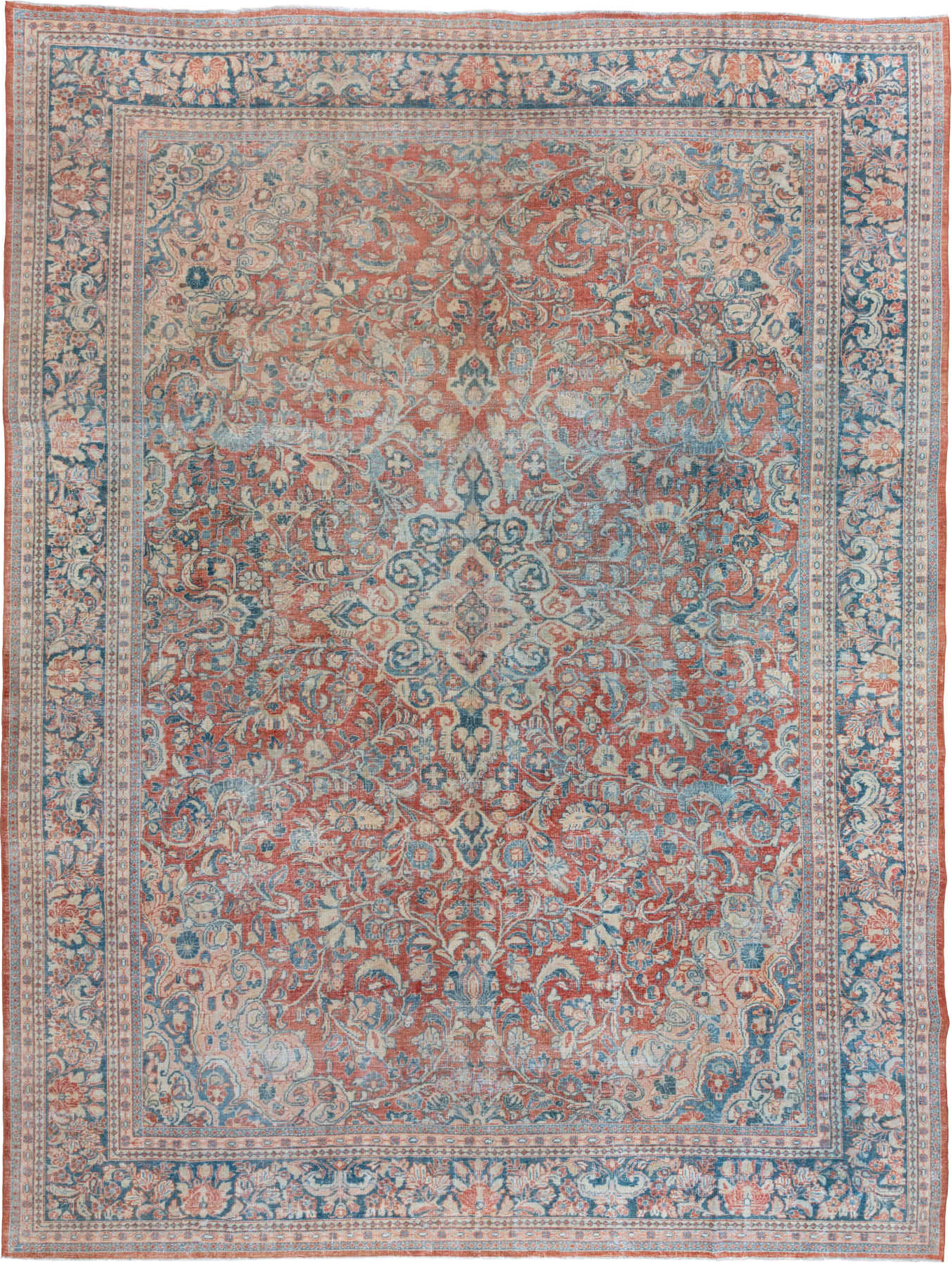10' x 13' one-of-a-kind handmade vintage Mahal large size rug. Color palette: blue, brown, dark gray, gray, light gray