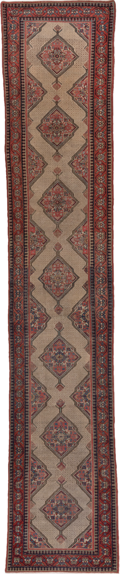 3' x 16' one-of-a-kind handmade vintage Cam Hamadan runner rug. Color palette: blue, brown, gray, light gray, pink, red