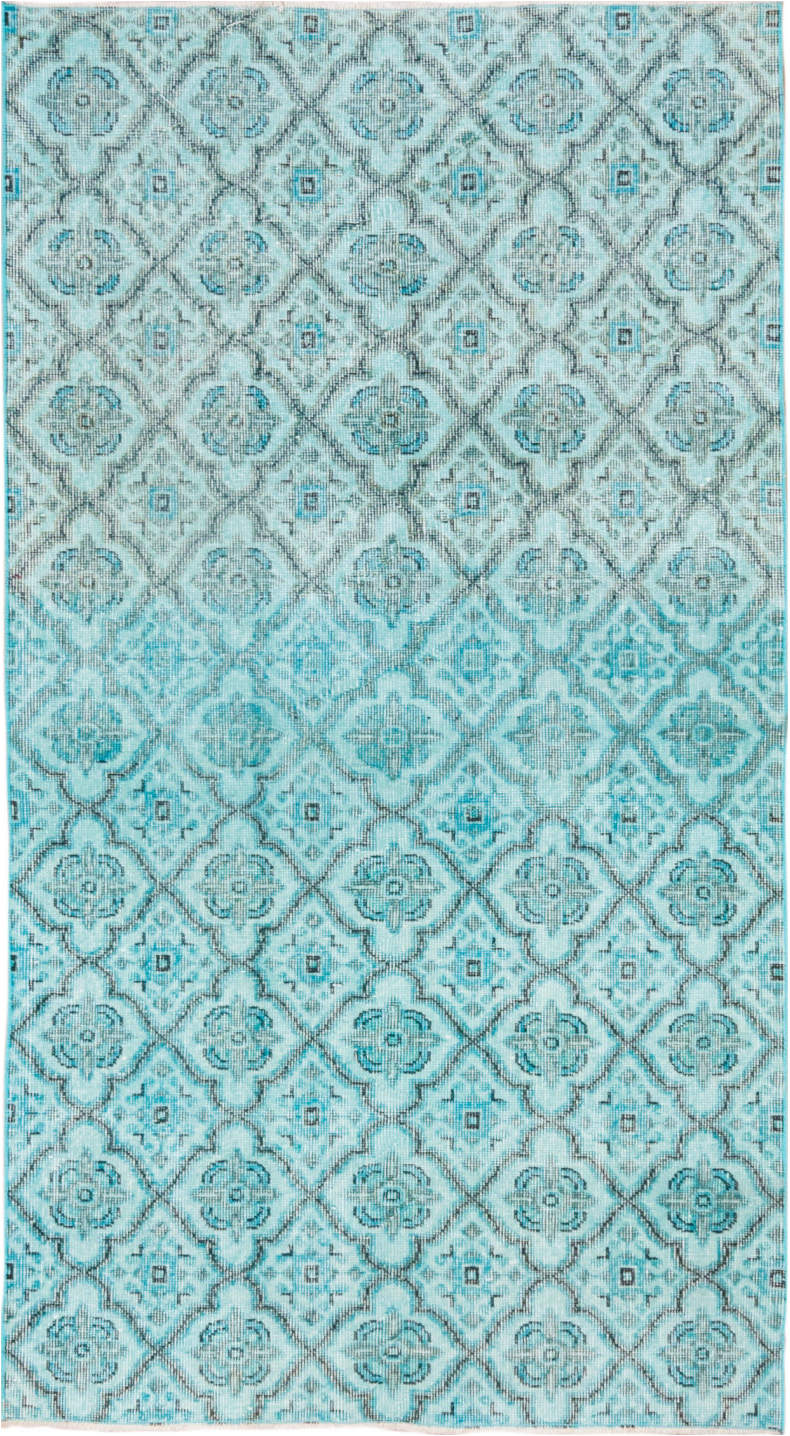 3' x 7' one-of-a-kind handmade vintage Overdyed rug. Color palette: blue, dark slate gray, gray, green, light blue