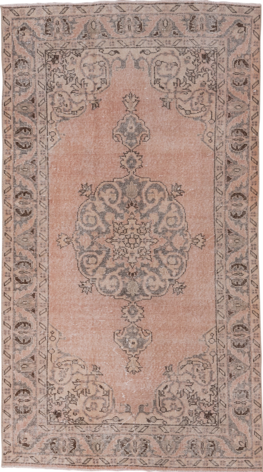 3' x 6' one-of-a-kind handmade vintage Oushak small size rug. Color palette: gray, pink, brown, light gray, off-white