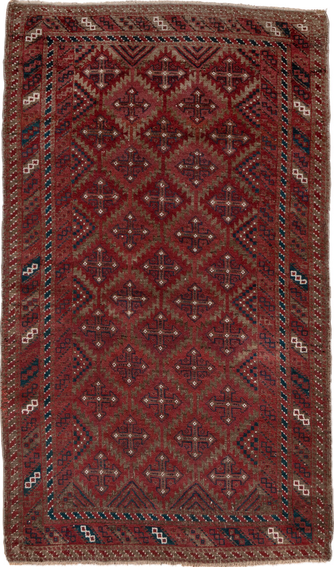 3' x 5' one-of-a-kind handmade vintage Belouch small size rug. Color palette: gray, pink, brown, red, light gray, blue