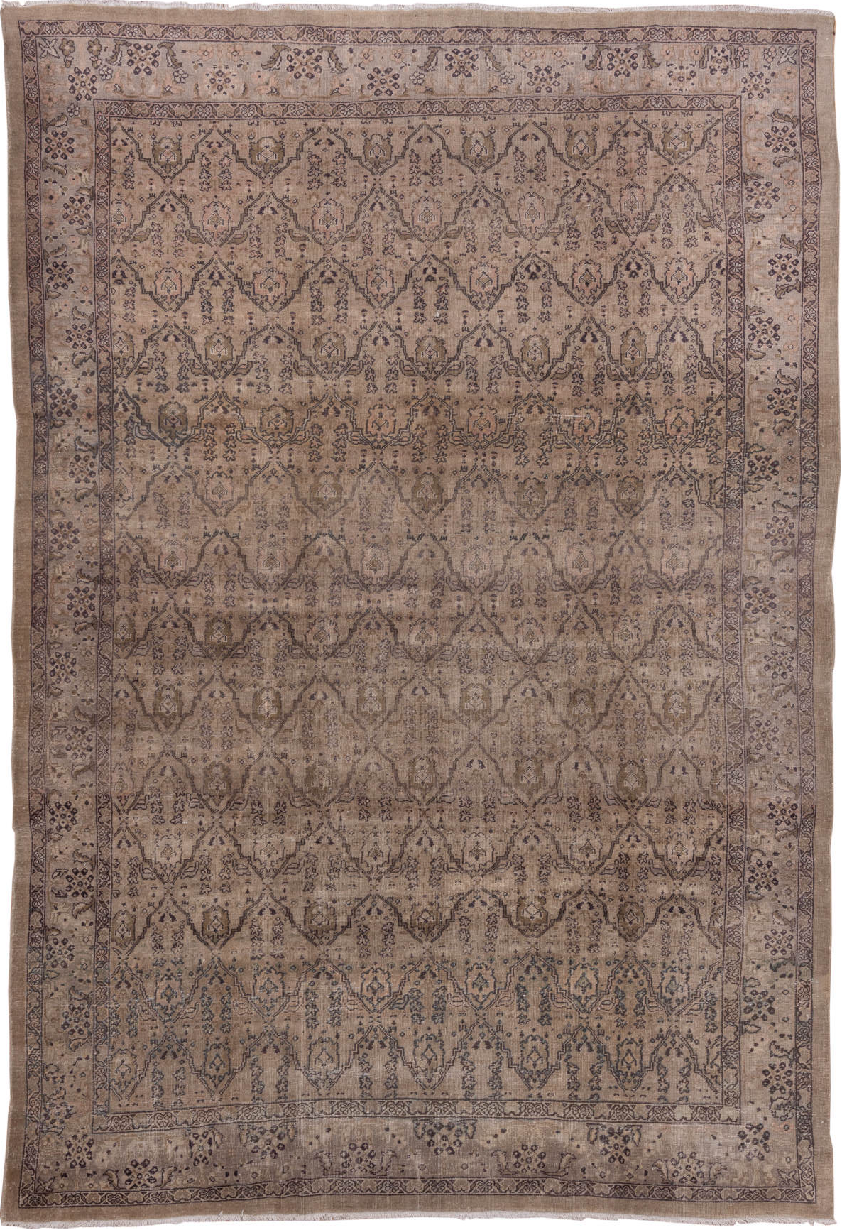 8' x 12' one-of-a-kind handmade vintage Sivas large size rug. Color palette: black, brown, gray, light gray, off-white, pink