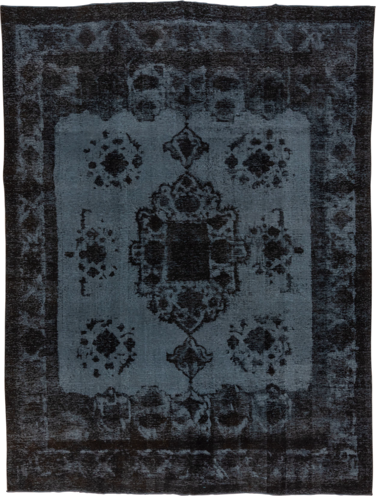 9' x 12' one-of-a-kind handmade vintage Overdyed large size rug. Color palette: black, blue, charcoal, dim gray, gray