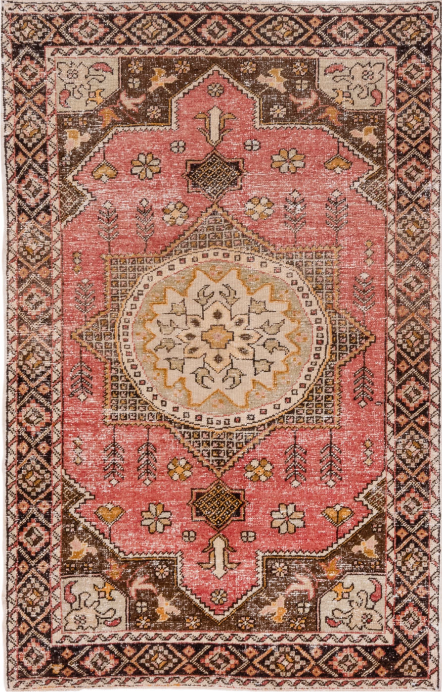 4' x 6' one-of-a-kind handmade vintage Oushak small size rug. Color palette: brown, gray, light gray, off-white, orange