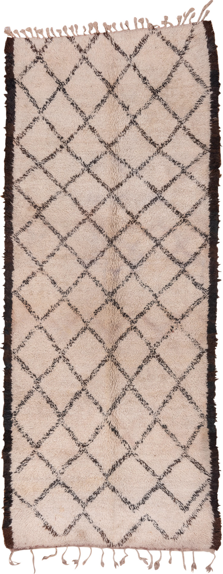 5' x 14' one-of-a-kind handmade vintage Moroccan rug. Color palette: brown, gray, light gray, off-white, pink