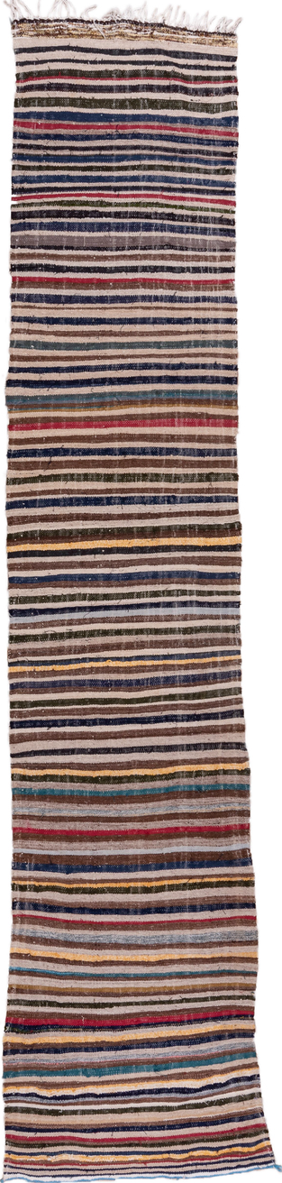 2' x 14' one-of-a-kind handmade vintage runner rug. Color palette: gray, pink, brown, light gray, blue, red, off-white