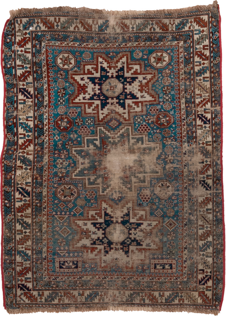 3' x 4' one-of-a-kind handmade vintage Shirvan small size rug. Color palette: black, blue, brown, dim gray, gray, light gray