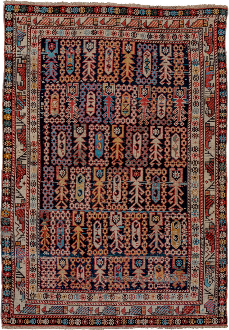 3' x 4' one-of-a-kind handmade vintage Shirvan small size rug. Color palette: black, blue, brown, gray, red