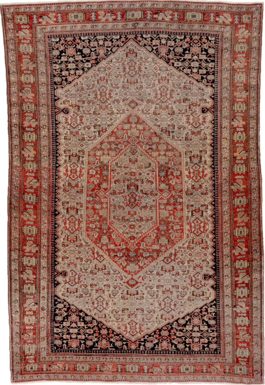 4' x 6' one-of-a-kind handmade vintage Senne small size rug. Color palette: black, brown, gray, pink, red
