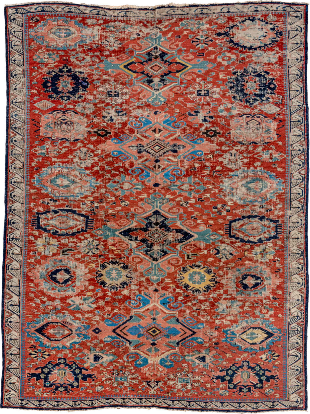 5' x 7' one-of-a-kind handmade vintage Sumak rug. Color palette: black, blue, brown, charcoal, dark gray, gray, pink, red