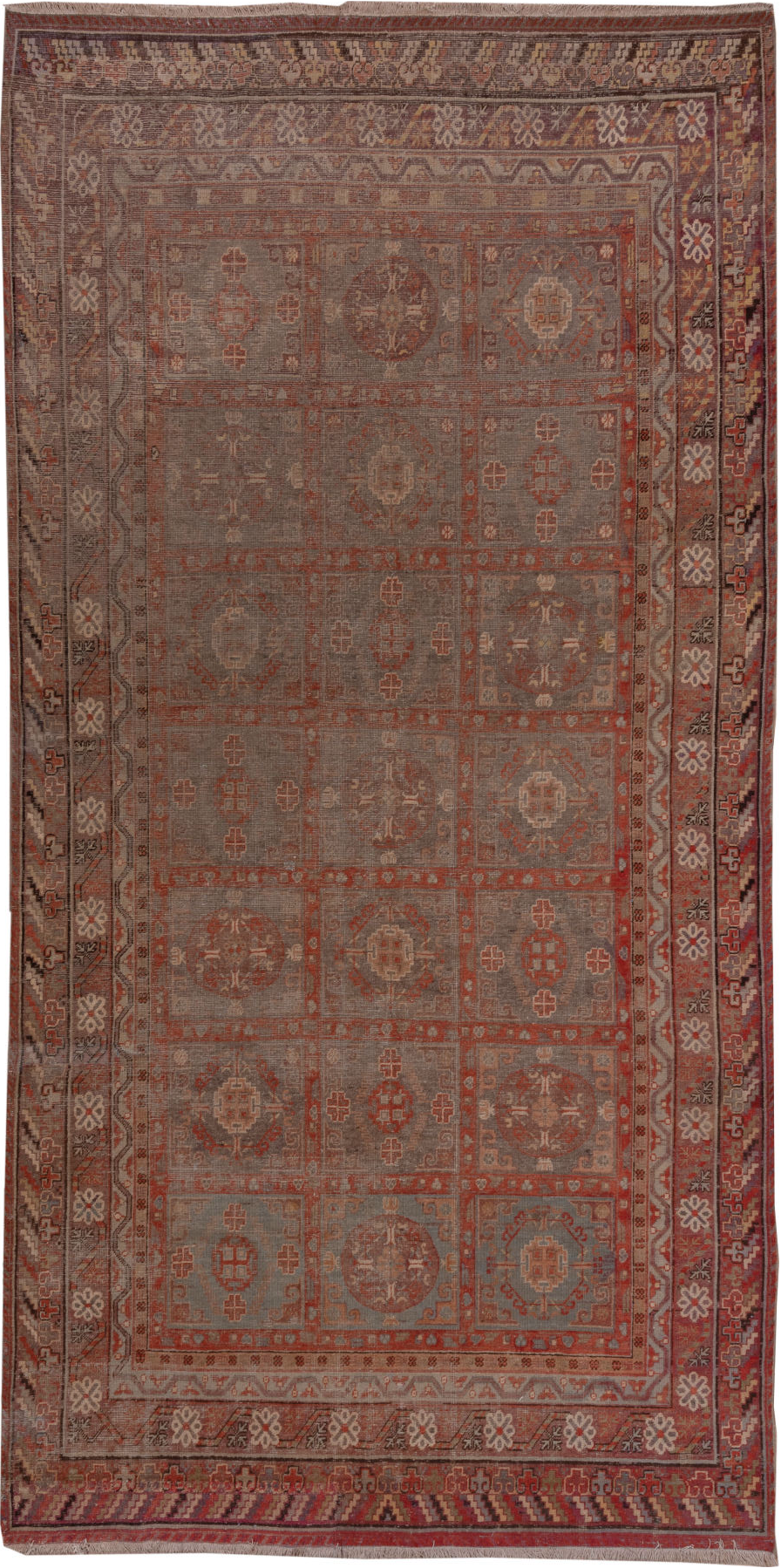 6' x 12' one-of-a-kind handmade vintage Khotan large size rug. Color palette: red, brown, pink, gray