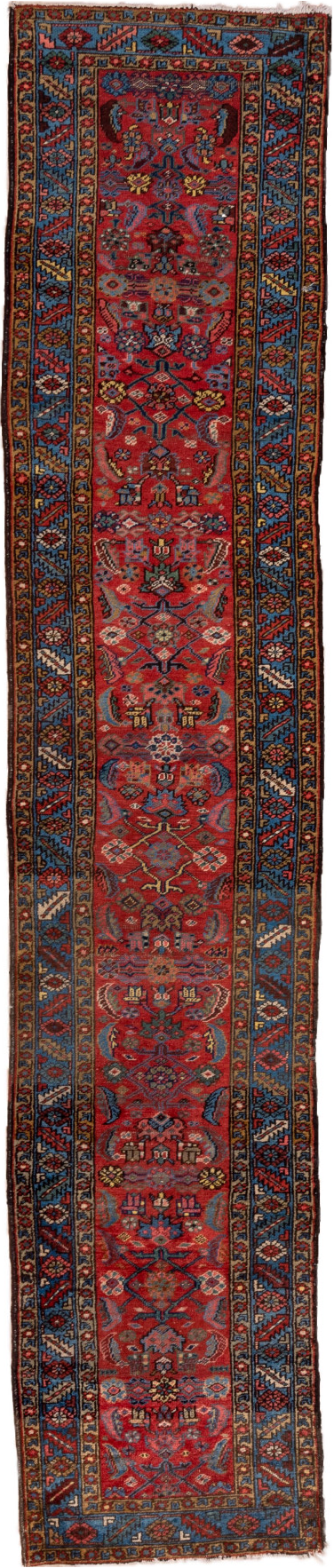 2' x 13' one-of-a-kind handmade vintage Heriz runner rug. Color palette: black, blue, brown, fiord, gray, indian red, pink